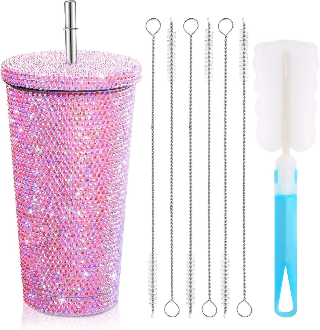 Mimorou Studded Bling Diamond Tumbler Glitter Water Bottle with Lid Stainless Steel Vacuum Thermal Straw Rhinestone Tumbler with 1 Pcs Cup Brush 6 Pcs Straw Brushes for Women(16.9 oz, AB Pink)