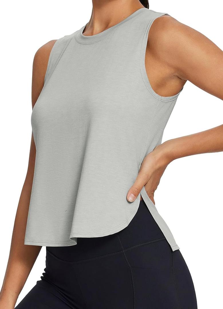 BALEAF Workout Tank Tops for Women Sleeveless Athletic Tops Flowy Tencel Soft Loose Fit Hip Length Running Shirts Gym Quick Dry Grey M