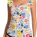 WOWENY Tankini Tops for Women No Bottom Bathing Suits Tummy Control Square Neck Ruffle Modest Swimsuit Top Only, M