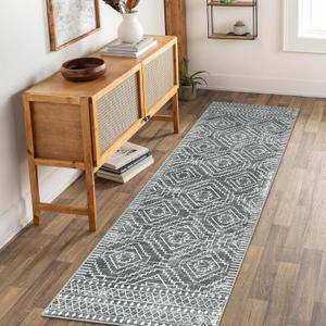 Wonnitar Moroccan Washable Kitchen Runner Rug 2'6"x8', Non-Slip Dark Grey Boho Rug Runners for Hallways, Farmhouse Floor Carpet Soft Runner for Bathroom Hall Entyway (Dark Grey,2'6"x8')