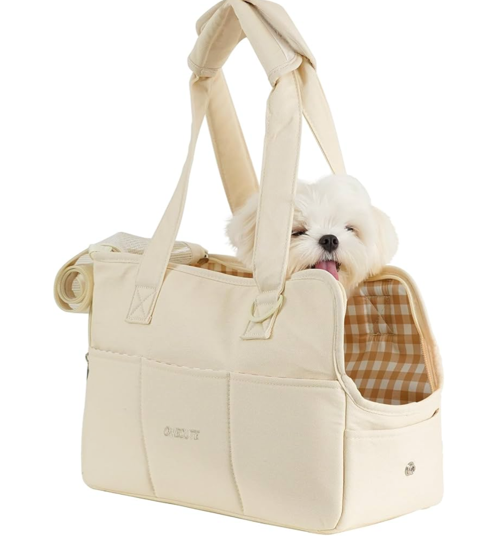 Dog Purse Carrier for Small Dogs Rabbit cat with Large Pockets, Cotton Bag, Dog Carrier Soft Sided, Collapsible Travel Puppy Carrier (Beige, 13.6" L x 6.5" W x 10" H)