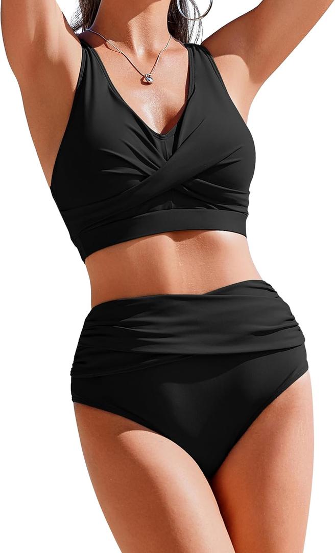 AI'MAGE Womens High Waisted Bikini Sets Tummy Control Swimsuit 2 Piece Bathing Suit Color Block Swimwear 2025 Swim Suit (Large, Black)