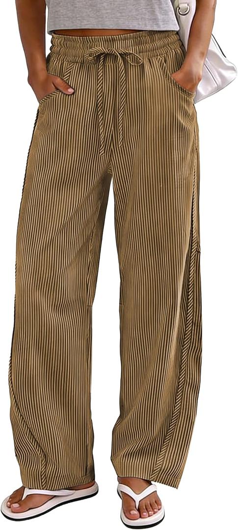 Women's Striped Barrel Pants Drawstring Waist Wide Leg Trousers Pockets Casual Comfort for Office Lounge Travel (Large, Darkkhaki)