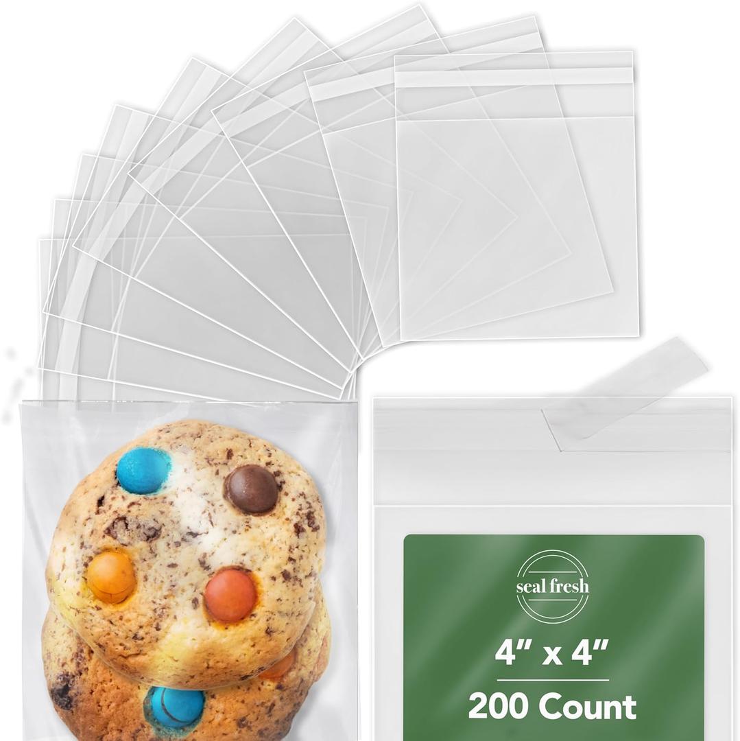 4 x 4 Inch Cellophane Bags 200 Pack  Clear Self-Sealing Resealable Treat Bags for Cookies, Candy, Pastries, Party Favors, Square Cello Packaging