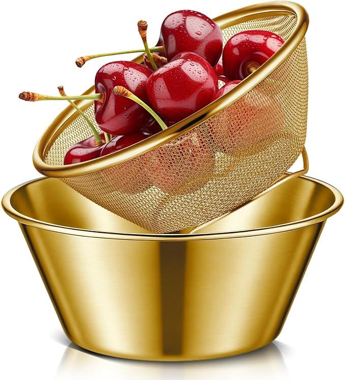 Baderke 2 Pcs Mini Colander & Food Strainer 304 Stainless Steel Small Mixing Colanders Bowl Rice Strainer for Kitchen Cooking Fruit Washing Vegetable(5.51 x 2.36 Inches,Gold)