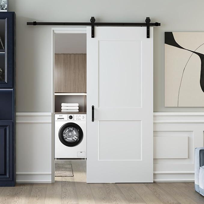 JUBEST 36x84" Sliding Barn Door,2-Panel Solid Core Door & 6FT Hardware Kits, Two-side Handle, Preassembled Primed Composite Interior Molded Door Panel with Paintable Surface, Durable & Sturdy, White