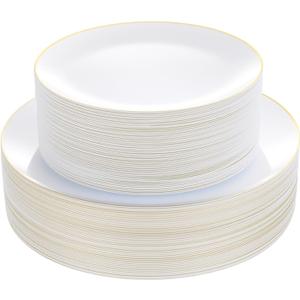 Bestluck 100PCS White Plastic Plates with Gold Rim, White Gold Disposable Plates for Party, Wedding, Include 50 Dinner Plates, 50 Dessert Plates for 50 Guests