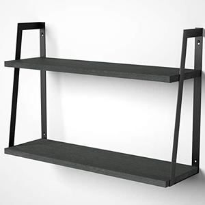 SRIWATANA Black 2-Tier Floating Wall Shelves, Rustic Wood Storage Shelf Set | Sturdy Rustic Wood Organizers, Easy-Mount Wall Shelves to Display Art, Books, Plants, Home Decor