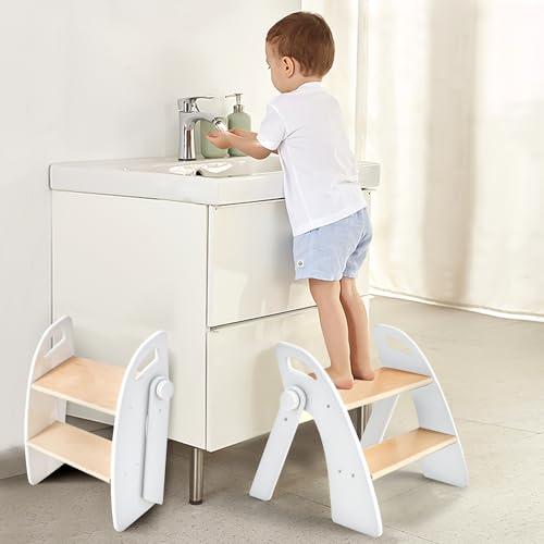Wooden 2 Step Stool for Kids Bathroom Sink Foldable Anti-Slip 2-Step for Toilet Potty Training, Child Stepping Stool for Kitchen Nursery Bedroom, Sturdy Non Slip Adult Stool for Closet, 12.99"D x 12.34"W x 14.57"H