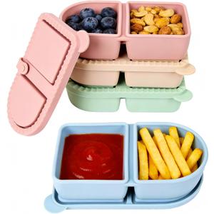 4 Pack Snack Containers with Lids, Silicone Reusable Snack Containers, Lunch Box Double Compartment, Portable Silicone Food Storage Box for School, Office, Travel