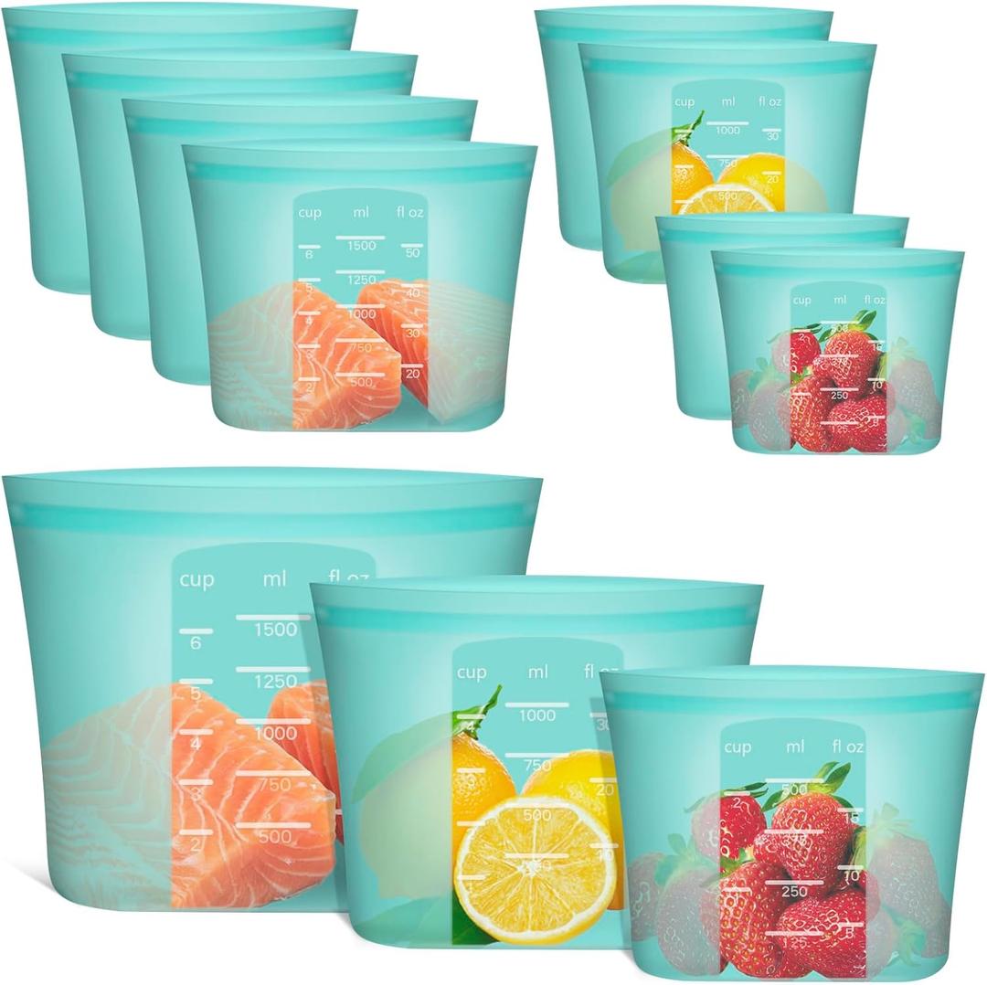 Reusable Food Bags, 8 Pack 100% Silicone Food Storage Bags Stand Up Zip Lock Container, Freezer Microwave Oven Dishwasher Safe, 4 Medium 2 Small 2 Extra Small, Aqua