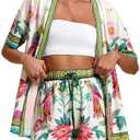 MakeMeChic Women's Two Piece Sets Summer Tropical Vacation Outfits Boho Floral Kimono Tops Shorts Set S