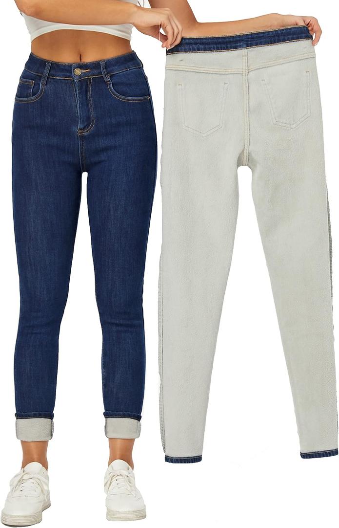 Yehopere Women's Winter Fleece Lined Jeans Slim Fit Warm Skinny High Waist Denim Jean (Blue) Size Small