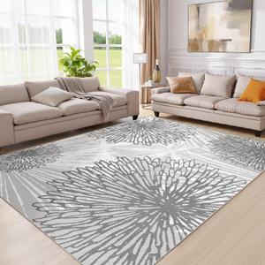 WITSHOCK 9x12 Washable Rug for Living Room,Modern Floral Distress Print Pattern Area Rugs,Stain Resistant with Non Slip Backing Carpet for Dining Room,Bedroom & Home Decor,Grey White