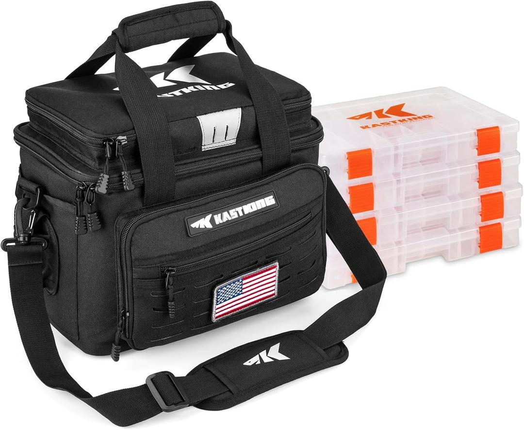 KastKing Karryall Fishing Tackle Bags with 4 * 3600 Tackle Trays - Saltwater & Freshwater Fishing Gear Storage (Black)