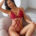 Avidlove Sexy Lingerie Deep V Teddy Strappy Lingerie Bodysuit One Piece Lace Babydoll Body Suit S-XXL (Red, S)