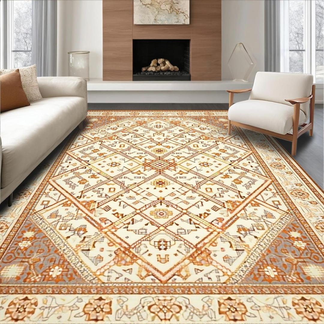 Ultra Soft Area Rug 8x10, Heritage Tapestry Inspired Geometric Lattice, Non Slip, Stain Resistant, Washable Area Rugs for Living Room, Bedroom(Beige, 8x10) (Pattern 12)