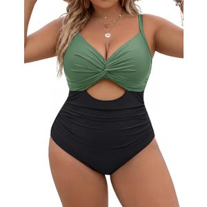Blooming Jelly Women's Plus Size Bathing Suit Tummy Control One Piece Swimsuit Twist Front Ruched Swimwear (3X-Large, Green and Black)