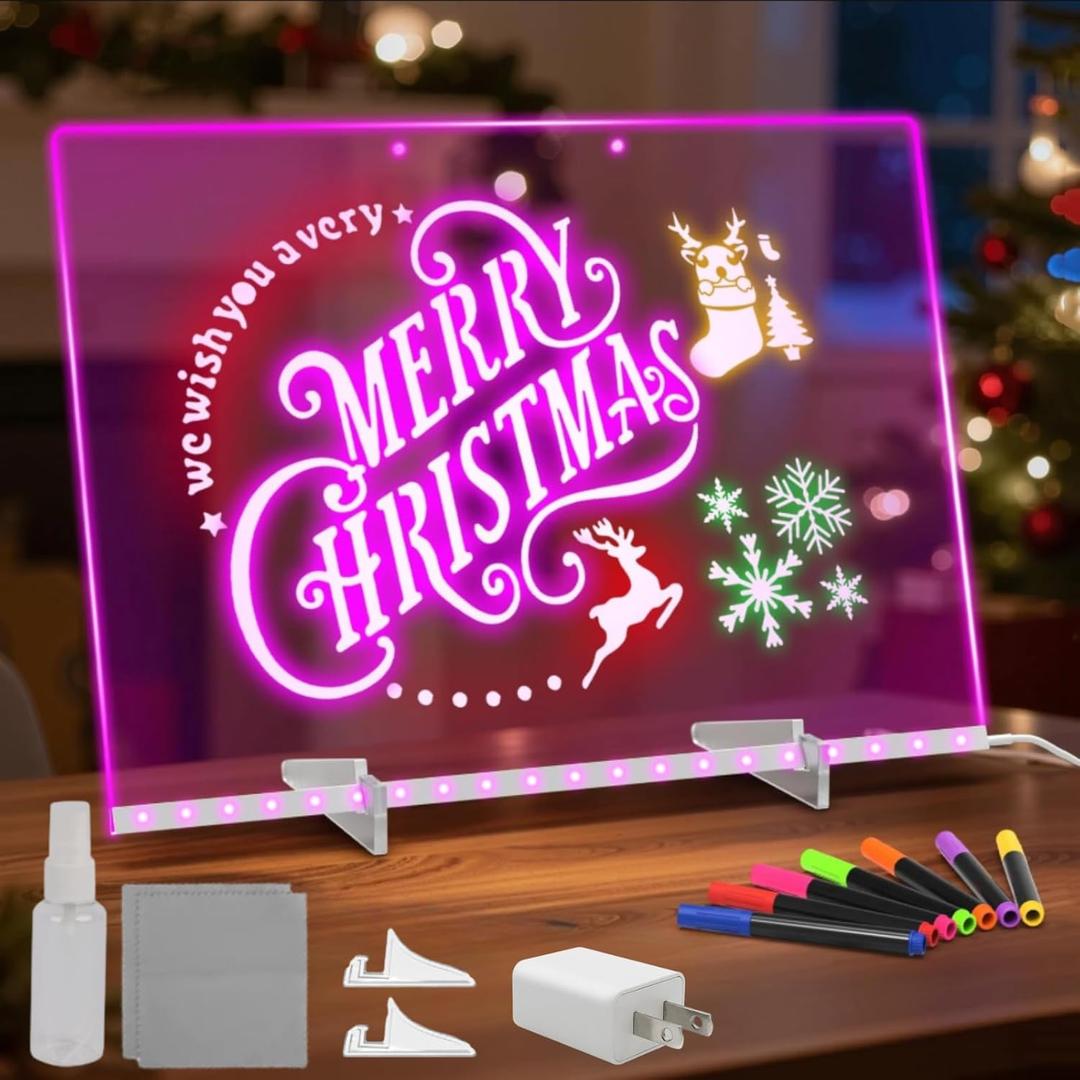 Cosmody Led Drawing Board, 13.7"X10" 4 Modes & 7 Colors Acrylic Dry Erase Board with Light, Include Adapter, Hanging Chain, Led Drawing Board for Kids with Stand,14 Markers, Spray Bottle (13.7"X10")