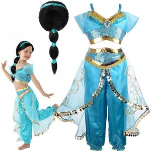 Girls Jasmine Arabian Princess Jasmine Cosplay Costume with Wig - Halloween Party Dress Up for Kids (100)