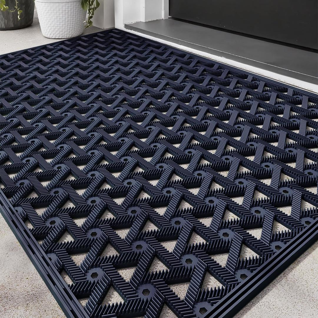 LUMI Outdoor Doormat 19x30, Front Door Mat Outside Entrance, Heavy Duty Rubber Welcome Exterior Door Mat Non Slip Waterproof, Outdoor Rubber Mats with Drainage Holes, Easy Clean Entryway Mats, Blue