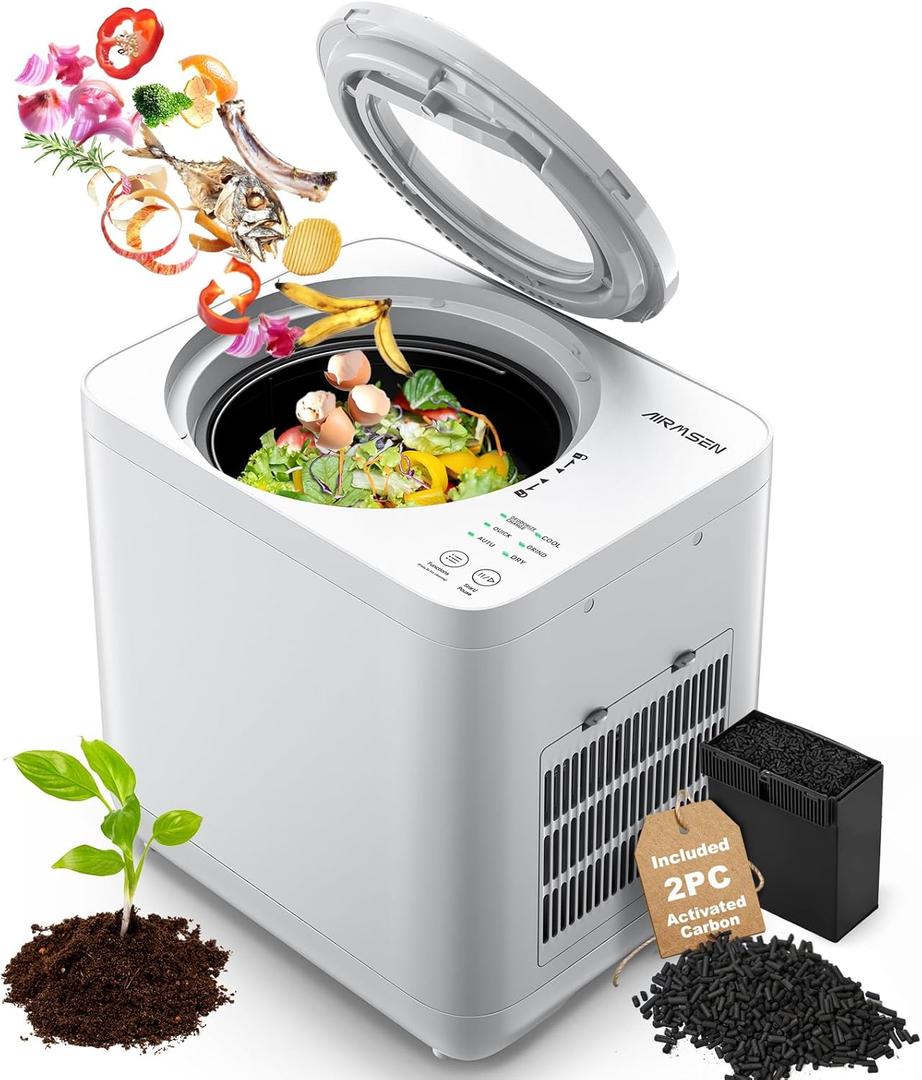 AIRMSEN 4L Electric Composter for Kitchen, 3H Rapid Composting, 320 Drying, Built-in Serrated Blade and 2 Odorless Filter, White