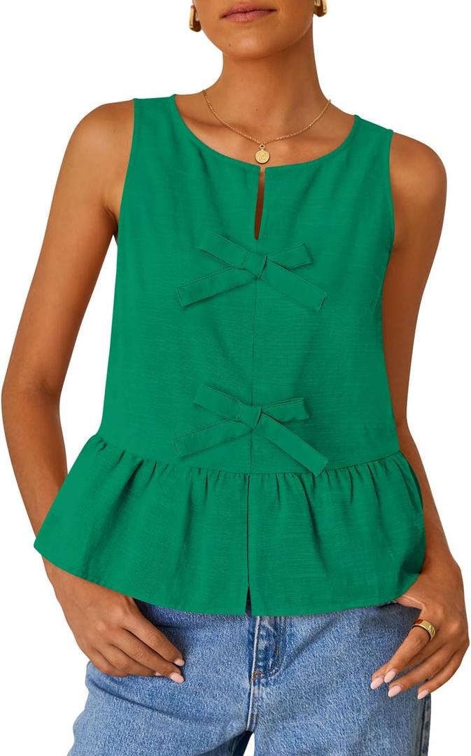 ZESICA Women's Summer Sleeveless Tank Tops Crewneck Tie Front Loose Flowy Ruffle Peplum Babydoll Blouses (Medium, Green)