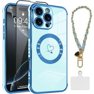 OOK Magnetic Phone Case for iPhone 16 Pro Max [Compatible with MagSafe] Soft TPU Heart Phone Cover with Screen Protector Shockproof Protection Slim Case with Strap Lanyard for Women - Blue