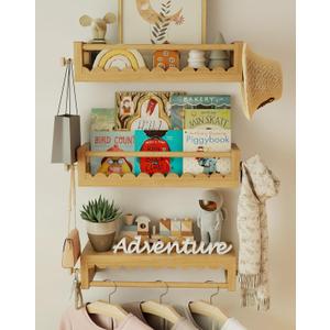 Kids' Wall Bookshelves  Set of 3 Scalloped Floating Shelves, 0.8" Thick Nursery Book Shelves with Wooden Hooks, Perfect for Boys & Girls  Decorative Wall Organizer for Toys, Photos & Decor, Brown