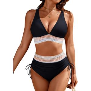Blooming Jelly Womens High Waisted Bikini Sets Color Block Tummy Control Swimsuits Drawstring Two Piece Bathing Suit (Small, Black)