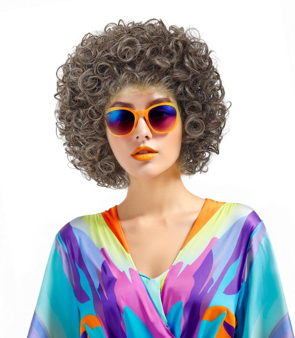 Women's Short Afro Wig, 70s Disco Fluffy Synthetic Wig, Small Curly Afro Wig for Halloween, Cosplay and 80s Theme Party.(Light Brown)