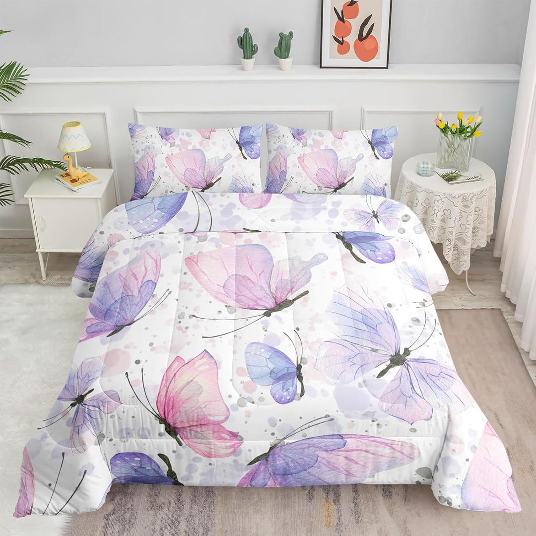 Kids Comforter Set Butterflies Printed Pattern Bedding Set with 1 Comforter and 2 Pillowcases for Girls Boys Bedroom All Season(Butterflies Twin) (Butterfly Watercolor)