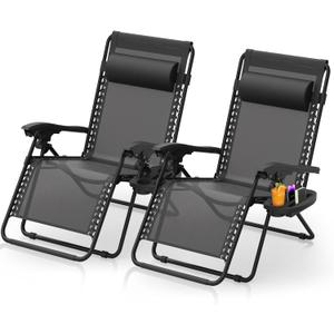 Suteck Zero Gravity Chairs Set of 2, Zero Gravity Lounge Chair w/Upgraded Lock, Big Cup Holder and Pillow, Reclining Patio Chairs Folding Recliner for Indoor and Outdoor (Black)