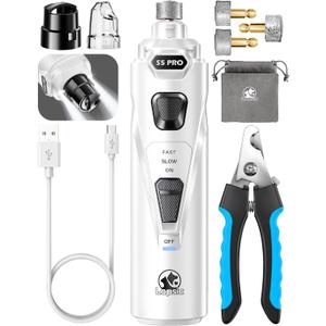 Dog Nail Grinder with 2 LED Lights Powerful 2 Speeds Super Quiet Dog Nail Trimmers with 3 Grinding Wheels Rechargeable Pet Dog Nail Clippers for Large Medium Puppy Dogs Dog Nail File Cat Nail Clipper (White)