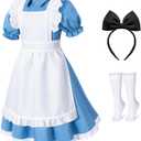 Irtysh Girl Blue Dress White Apron Halloween Cosplay Costume With Bow Hair Band Stockings Set (5-6 Years)