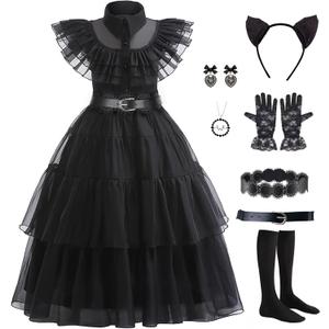 Black Costume Dress Kids Girls Black Cosplay Halloween Party Dress Up Gothic Costume with Accessories (4-5 Years)