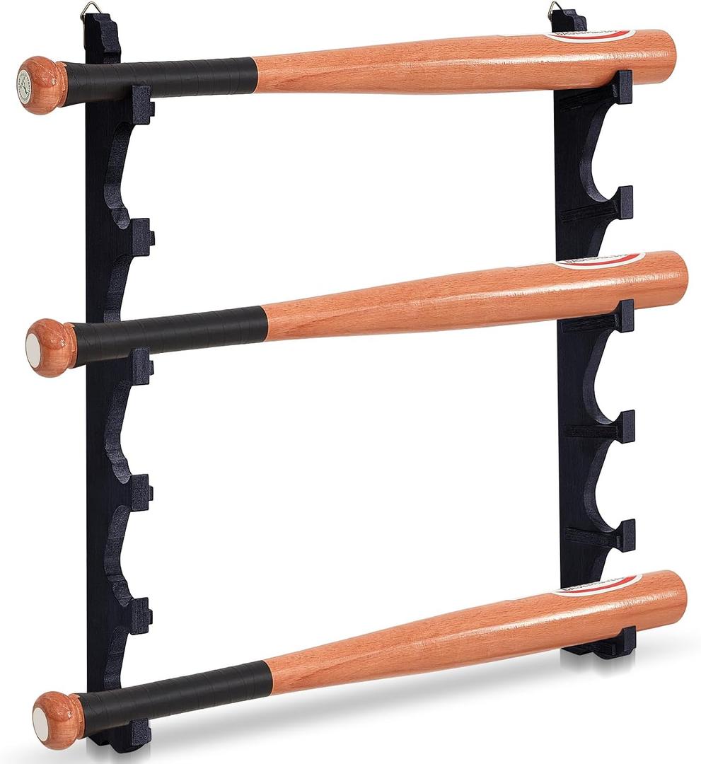 MorningRo 2 Pcs Baseball Bat Wall Mount Display Wood Bat Rack with Holders Horizontal Baseball Bats Holder with Hidden Holes Screws Anchor for Hockey Stick Memorabilia Collectible(Six,Black), 28 inches, 24 ounces