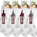XIMISHOP 4PCS White Christmas Stockings, Large Xmas Glitter Snowflake Plush Hanging Stocking Decoration with Name Tags for Christmas Holiday Family Party Decorations (Silver)