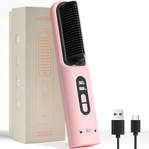Hair Straightener Brush Cordless, 30s Fast Heating 300Million Negative Ions Hair Straightening Comb Frizz-Free with 6 Temps, 10000mAh Rechargeable Battery Portable for Women Travel Quick Touch-ups (Black)