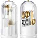 2 Pack 360 Rotating Silverware Organizer, Utensil Holder with Lid for Kitchen Counter, Silverware Caddy with Drainage Dustproof Flatware Holder for Cutlery Spoon Fork Storage, White(3 Slot)