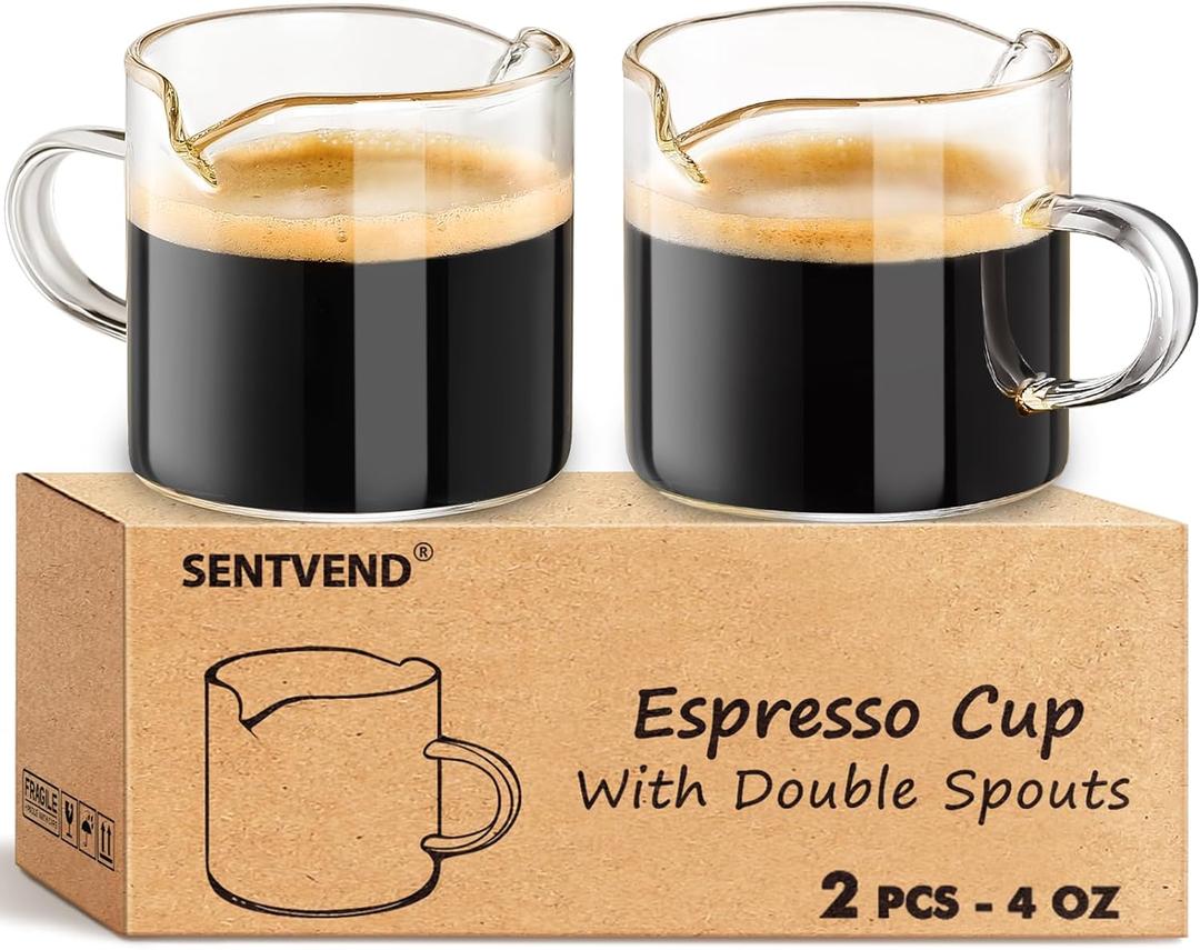 Espresso Cups Set of 2, 4 Oz Espresso Shot Glass with Handle Double Spout Cups Clear Glass Milk Cup Coffee Accessories Great for Making Coffee Desserts Salad Dressing