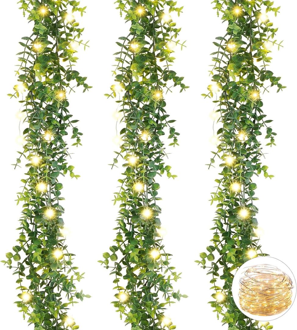 Artflower 3 Pack Artificial Eucalyptus Garland with Lights, 5.9Ft/pcs Faux Eucalyptus Vines Greenery Garland Fake Eucalyptus Plant for Wedding Backdrop Arch Wall Decor, Grey Green