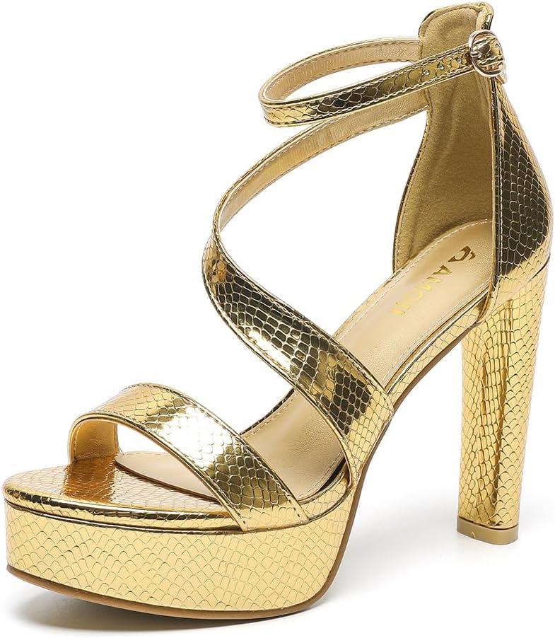 Amoji Women's Block Heels 4 Inch Platform Ankle Strap Lady Heeled Sandals FZ325, Size 8