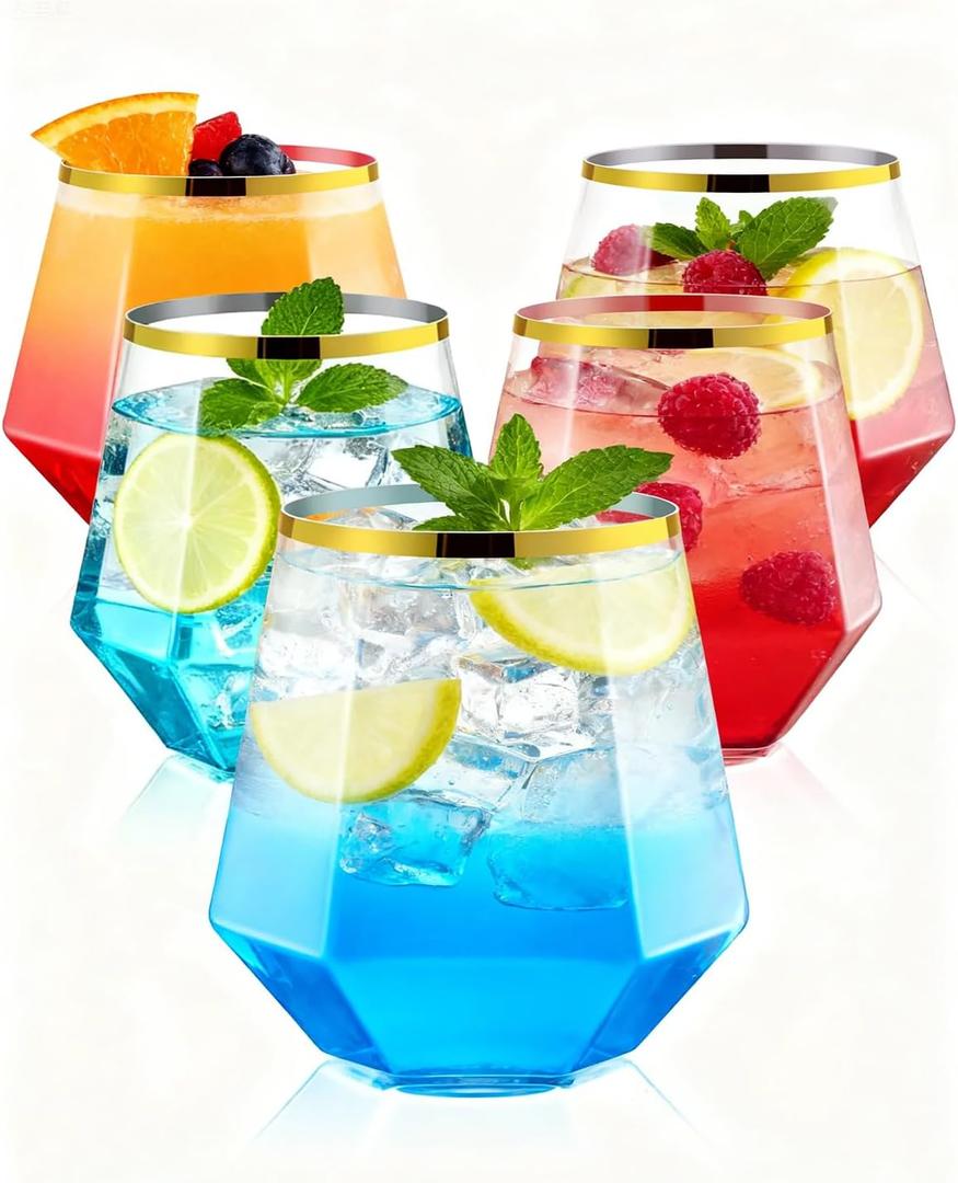 BESTSTAR 40 PCS Clear & Gold Rim 12 Oz Plastic Wine Whiskey Glasses, Diamond Stemless Unbreakable Disposable Wine Glasses for Party, Ideal for Beach Holidays,Halloween, Christmas, Weddings,Daily Use