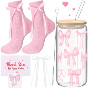 6 Pcs Valentine's Day Glass Cup Gift Pink Bow Gift Set 16 oz Coquette Pink Bow Glass Cup with Lids and Straws Cute Coquette Stuff for Women Sister Bride Friend Party Favor