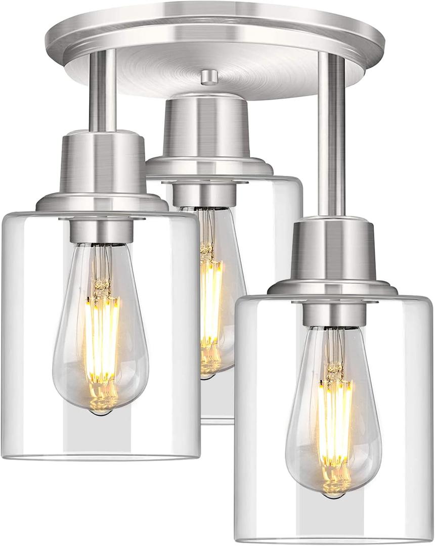 ROTTOGOON Semi Flush Mount Ceiling Light, 3 Light Close to Ceiling Light Fixtures, Brushed Nickel Finish Kitchen Light Fixtures with Clear Glass Shades, Modern Hallway Light Fixtures Ceiling Mount