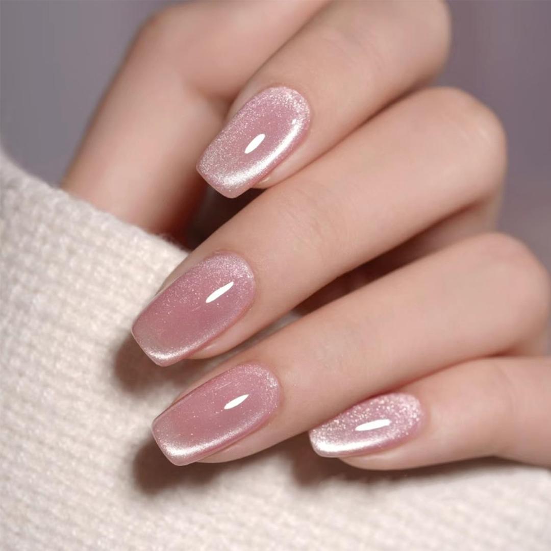Shimmer Nude Press On Nails, Romantic Sparkle Glitter False Nails, Square Acrylic Nails for Women, Natural Look Reusable Nail Kit, 24Pcs Salon Quality Manicure Set