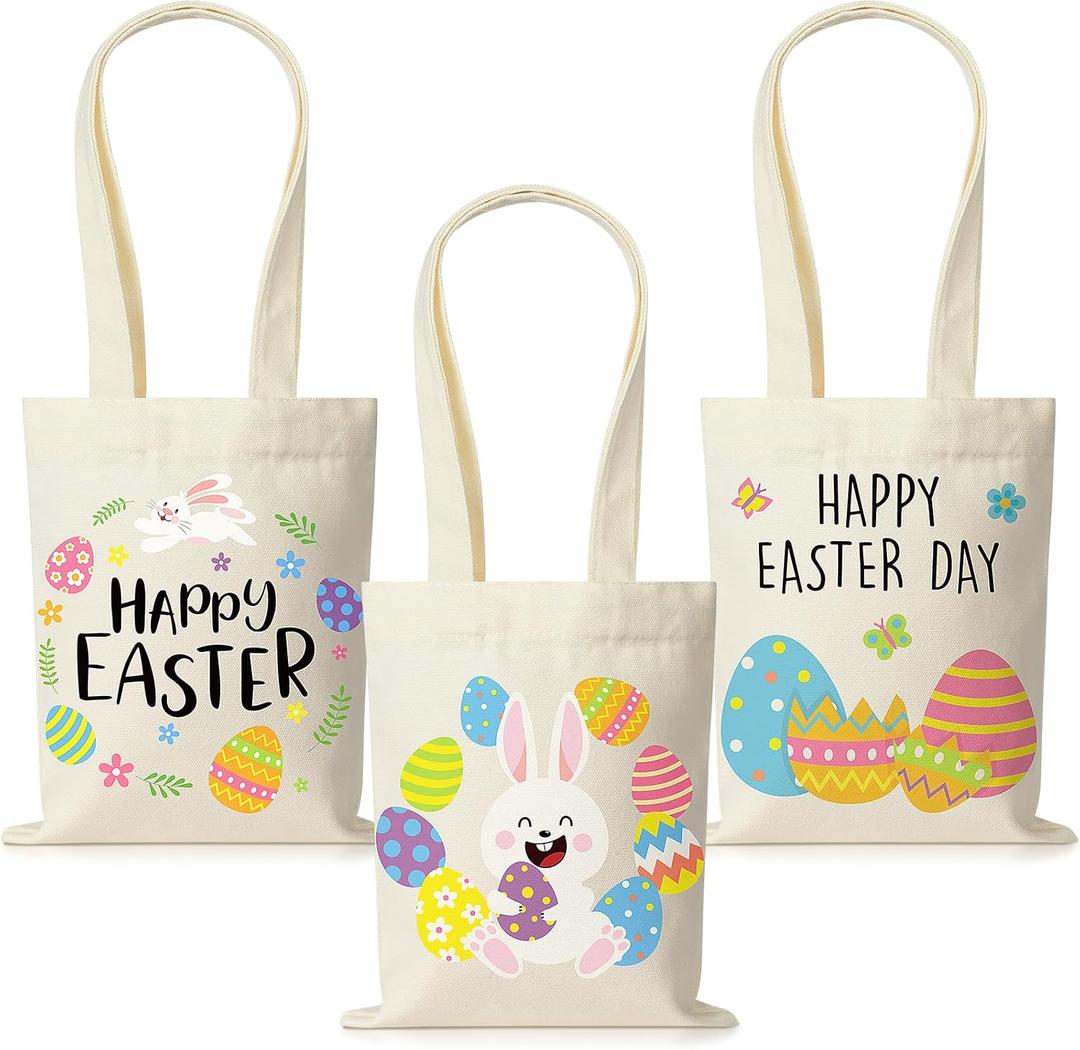 Jectivs 3Pack Easter Canvas Gift Bags with Handles Party Supplies,9.8 x 7.8 Inch Happy Easters Reusable Bunny Tote Bags Treat Basket Bulk for Kids Easter Egg Hunt Spring Party Favors (Blue Orange Green)