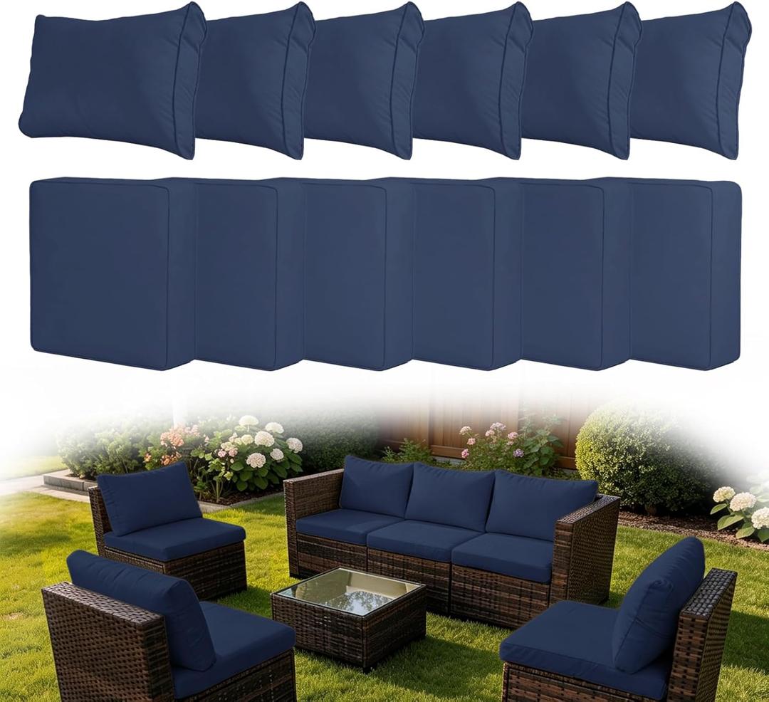 12 Pcs Patio Cushion Covers, Outdoor Rattan Sectional Sofa Cushion Covers, Replacement Washable & Reusable Furniture Protector for Patio Couch (12Pcs-Blue, 24 * 24 * 3.15-inch)
