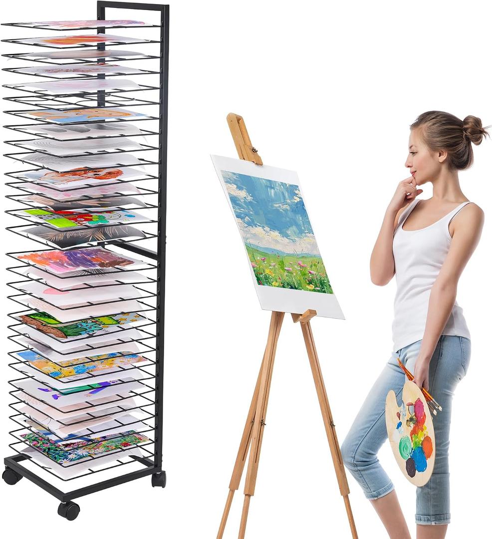 GENMOUS Art Drying Rack, Metal Painting Drying Rack with 30 Removable Shelves, Art Storage Rack with Lockable Wheels for Art Studio Classroom School, 47.2 10.8 12 Inches